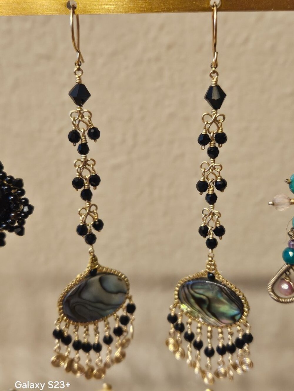 RARE MIGUEL ASES ABALONE MOTHER OF PEARL SWAROVSKI CRYSTAL CHANDELIER EARRINGS
